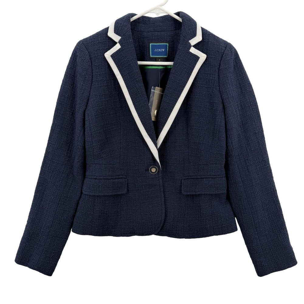 J.Crew Blazer Womens 2 Navy Tipped Trim Textured Cotton Lined Single Button